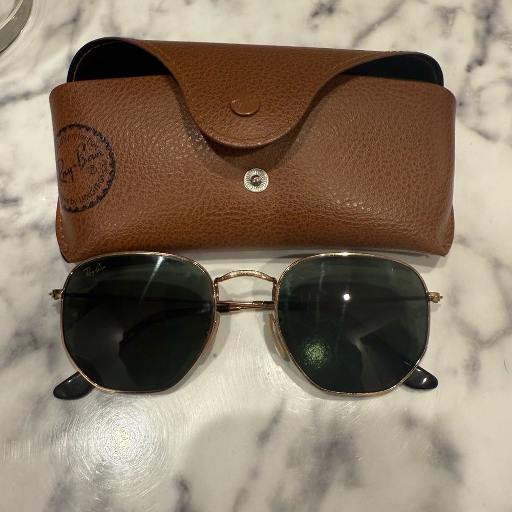USED Ray-Ban Gold Hexagonal Sunglasses with Brown Case